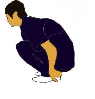 A simple colored drawing of an adult in the starting position for a jackknife movement with hips down
