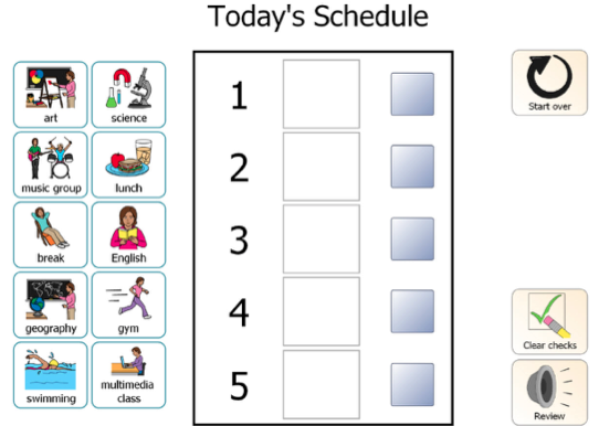 A classroom management schedule with 5 hours of the day and a variety of cards depicting different activities to build a visual schedule