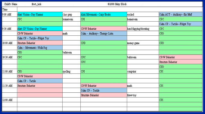 A calendar schedule with different colored cells to denote types of activities