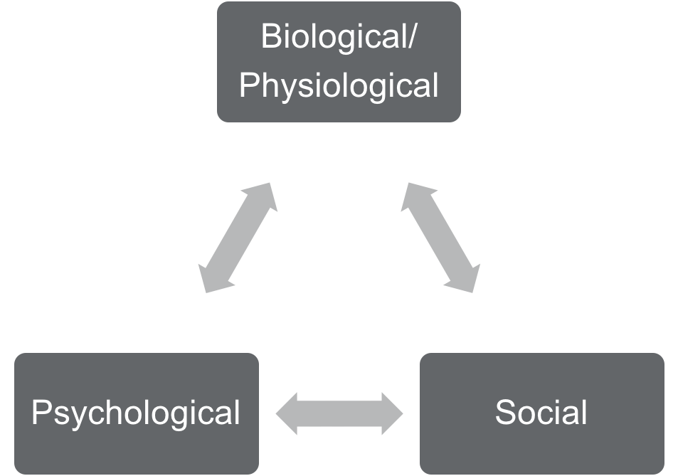 Diagram showing the related three mechanisms of pain psychological biological/psychological and social