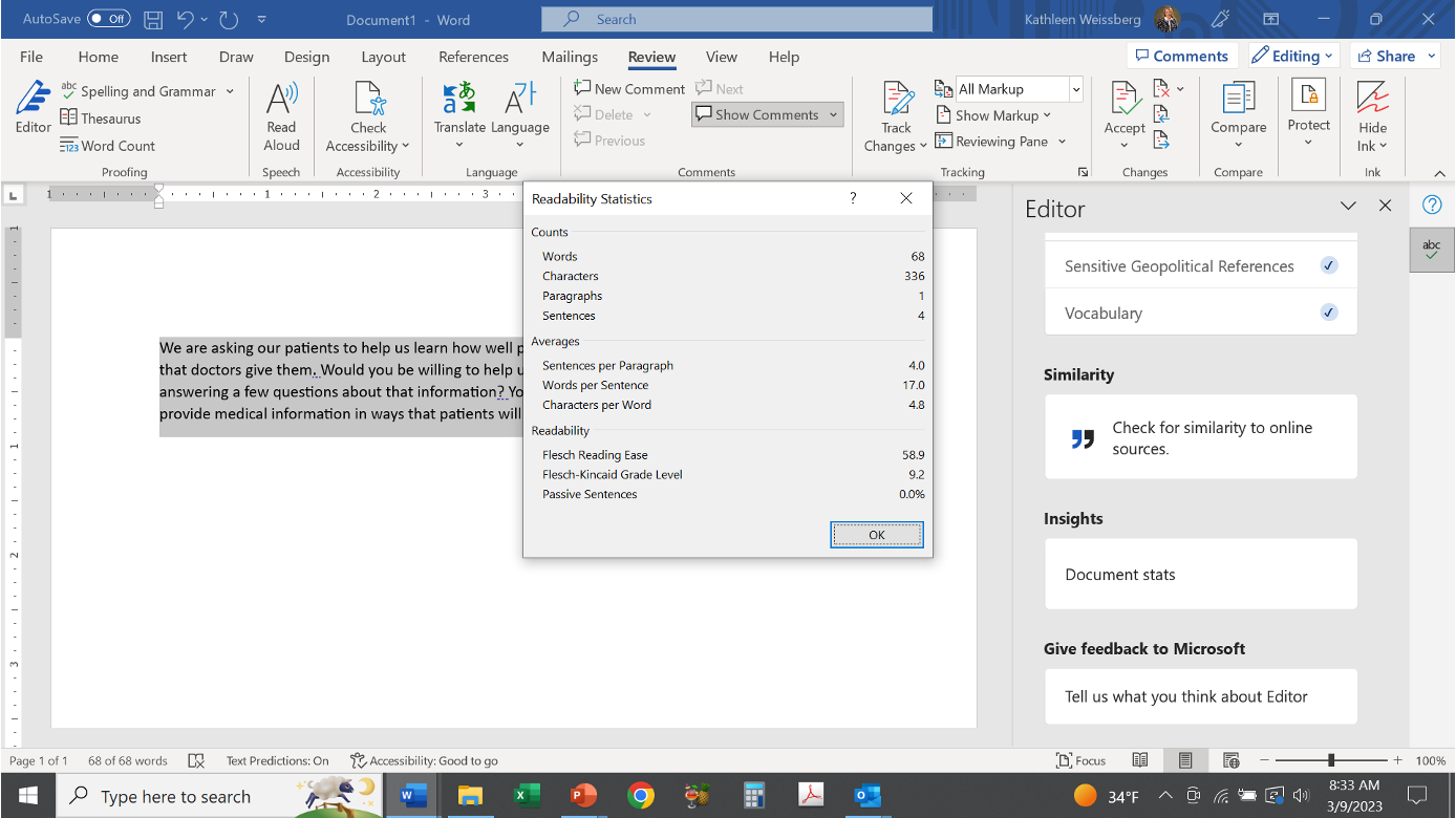 The image displays the Readability Statistics feature in Microsoft Word, which provides metrics on the text's clarity and grade level. Words: 68 Averages: Sentences per Paragraph (4.0), Words per Sentence (17.0), Characters per Word (4.3) Readability: Flesch Reading Ease (58.9), Flesch-Kincaid Grade Level (8.2), Passive Sentences (0.0%) Insights: The arrow points to the "Document stats" option within the Editor sidebar.