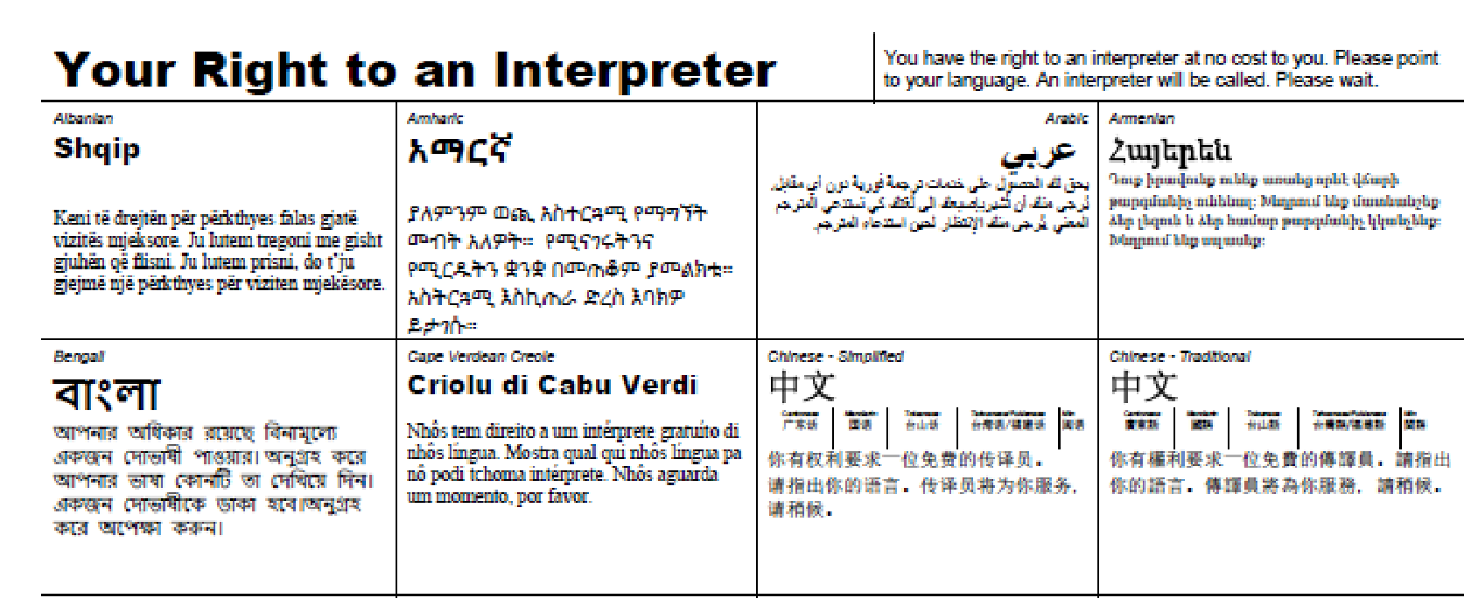 The image displays a notice regarding the availability of interpreter services and is in a variety of different languages.